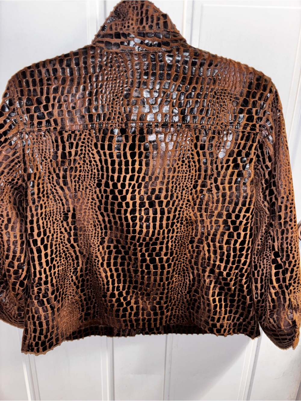 Ruby Rd. Sz.10 Croc-Embossed Glossy Brown Faux Leather Jacket ptp:21 length:22 - Picture 10 of 10